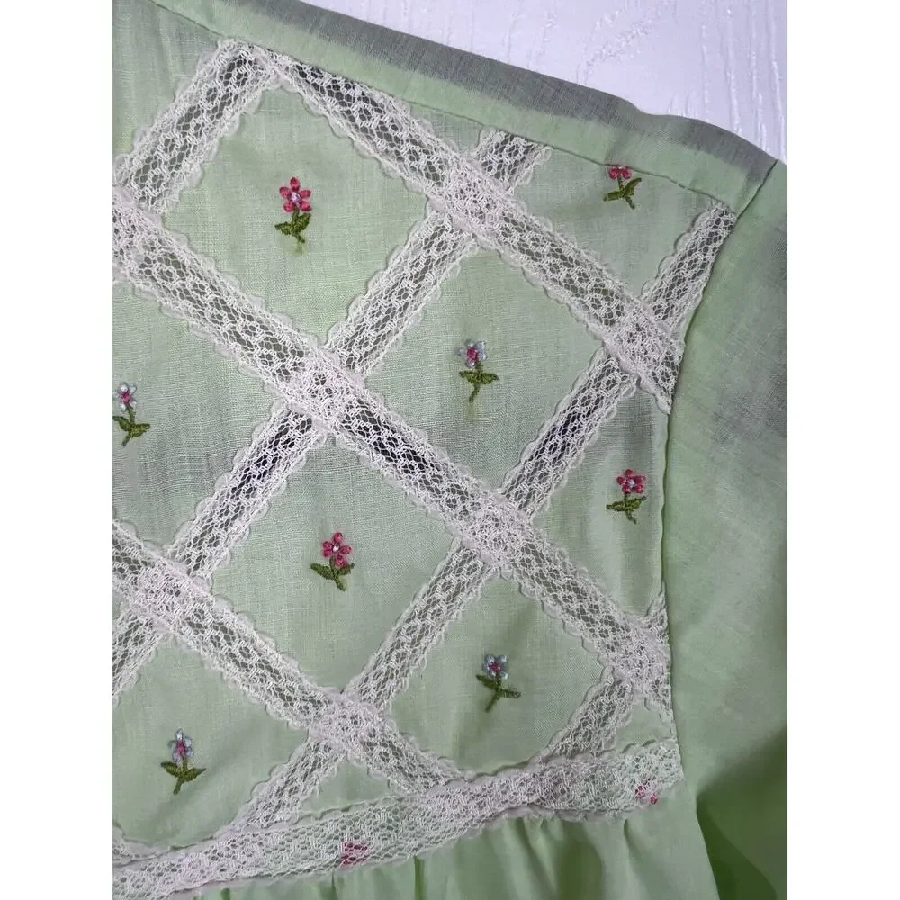 Vintage‎ 50s 60s cotton embroidered green floral lace button up night shirt L - Picture 3 of 9